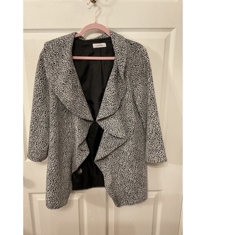 Calvin Klein Open Front Waterfall Herringbone Ruffle Blazer